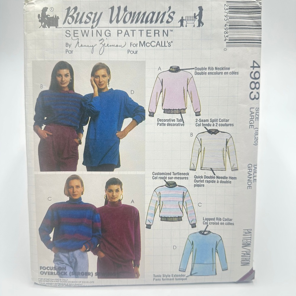 McCall's 4983 Sewing Pattern Women Large 18-20 Misses Tops Uncut Factory Folded